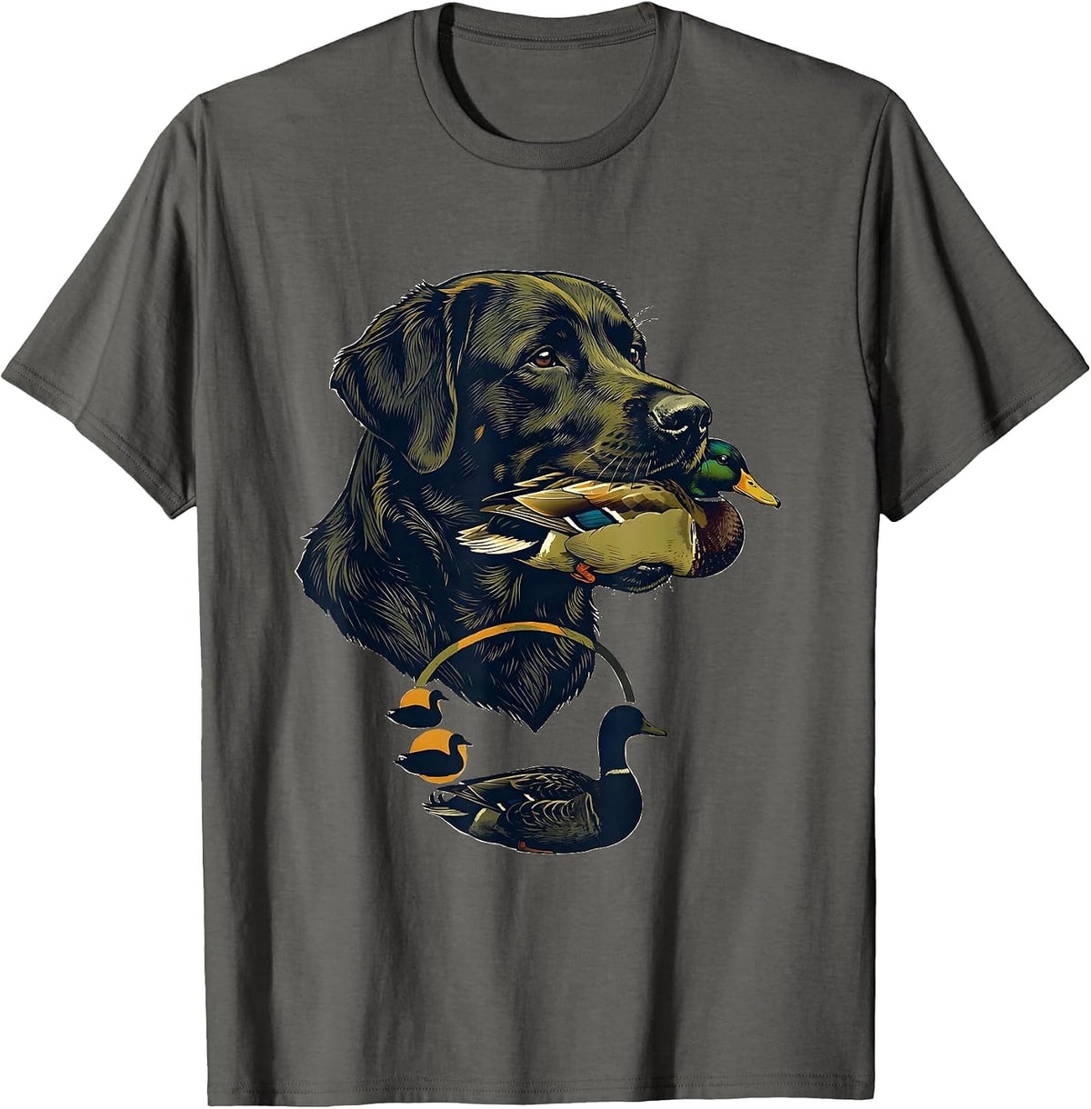 Duck Hunting Retriever Profile Linocut Hunter Gift T-Shirt - Asphalt Grey