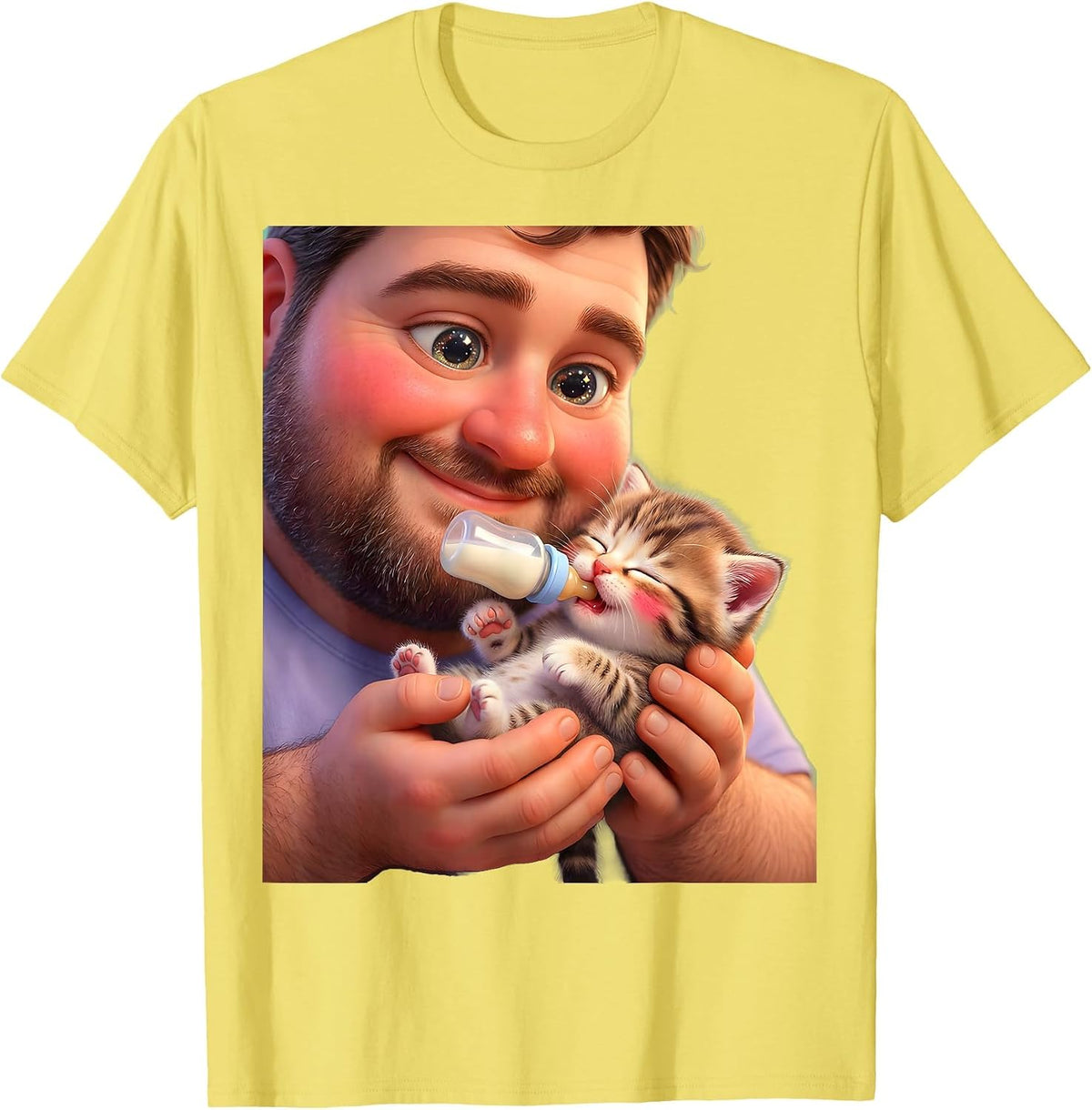 Men's Cat Dad Newborn Kitten Bottle Feeding Illustration T-Shirt - Lemon Yellow