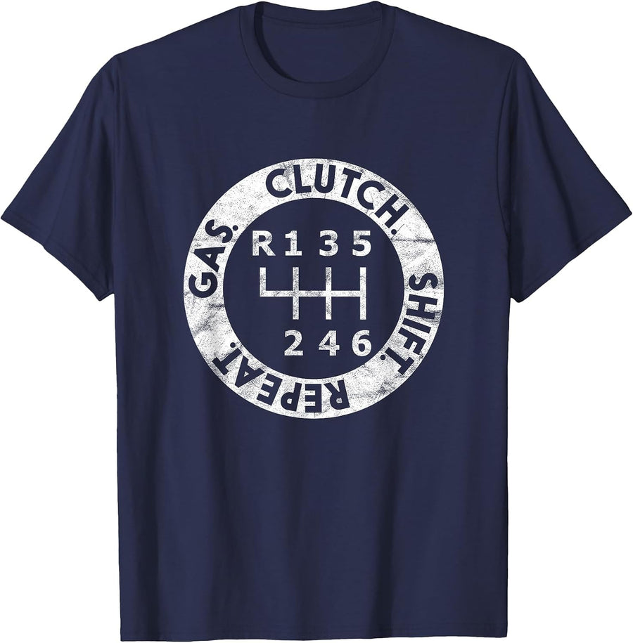 Gas. Clutch. Shift. Repeat. 6-Speed Stick Shift Driver Mens T-Shirt - Navy Blue