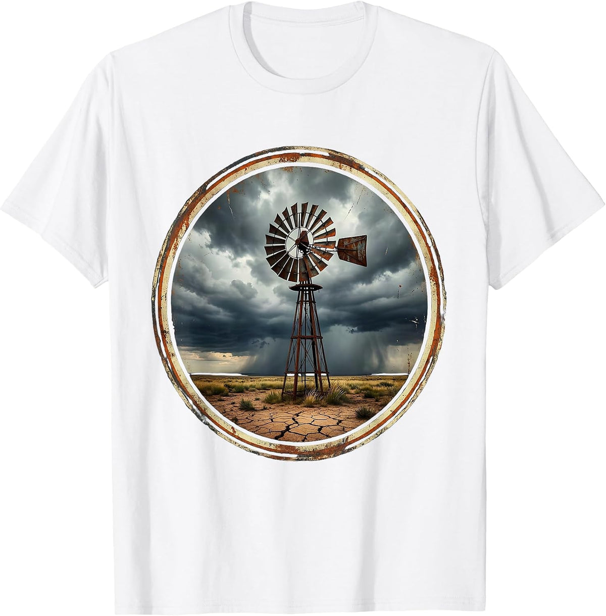 Rusted Windmill Stormy Sky Country Graphic T-Shirt - White