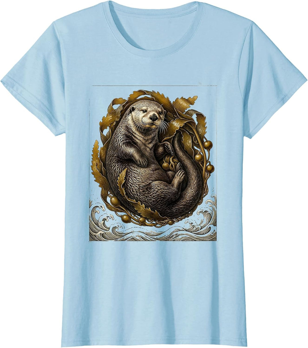 Sea Otter Wrapped in Kelp Ocean Waves Illustration T-Shirt - Baby Blue