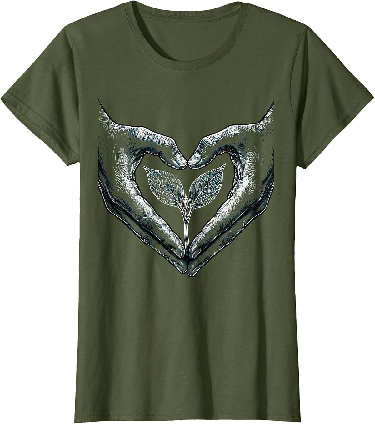 Women's Autism Awareness Hands Heart Seedling Design T-Shirt - Olive Green