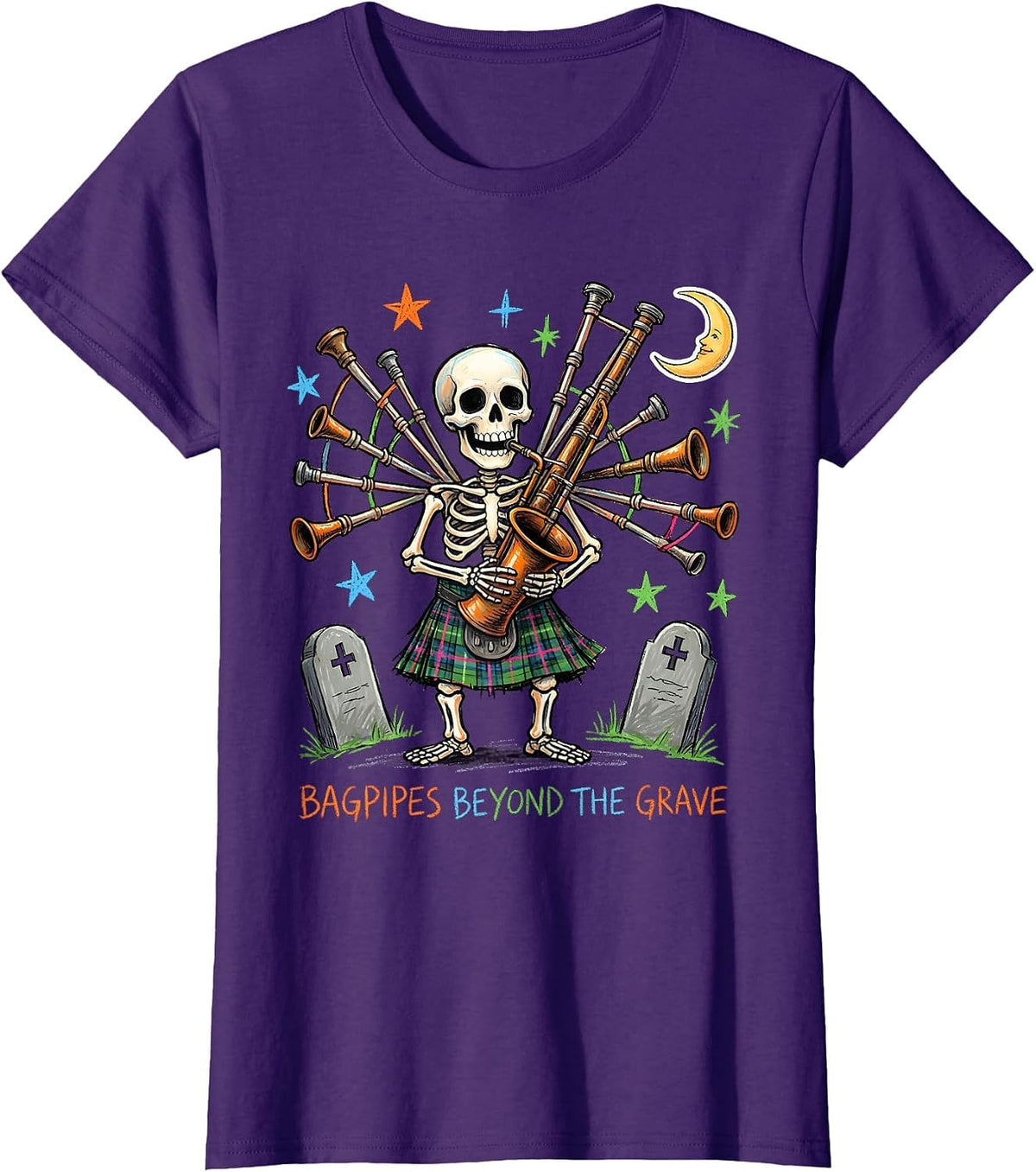 Women's Halloween Skeleton Bagpiper Scottish Design T-Shirt - Purple