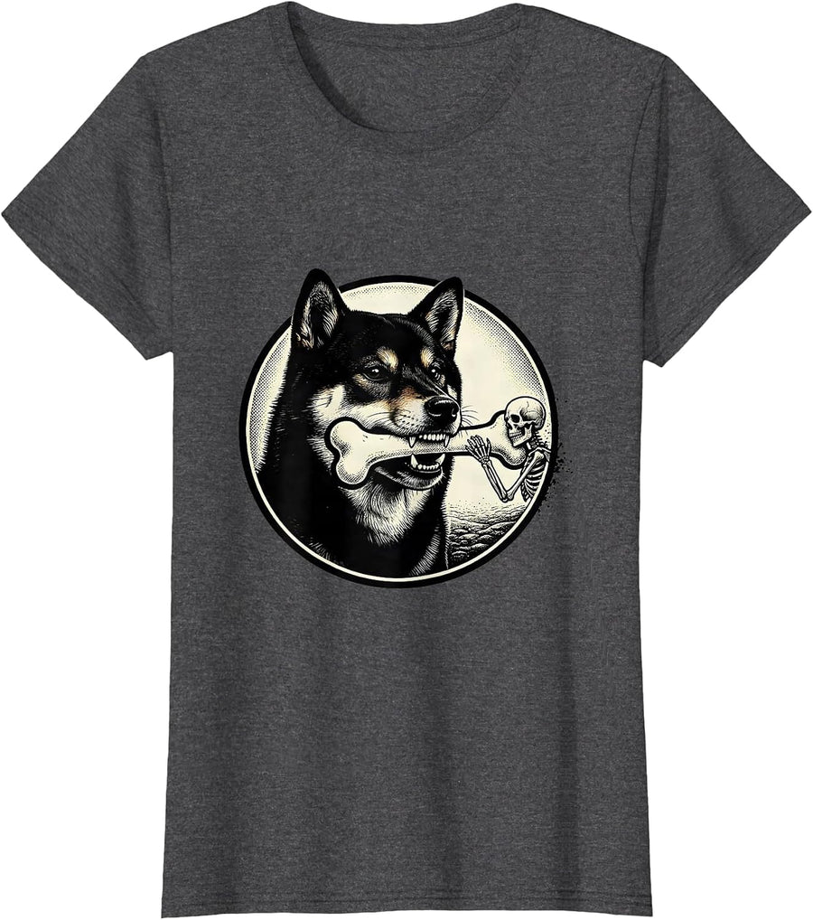 Women's Shiba Inu Skeleton Chase Funny Dog Mom Halloween Humor T-Shirt - Dark Heather Grey