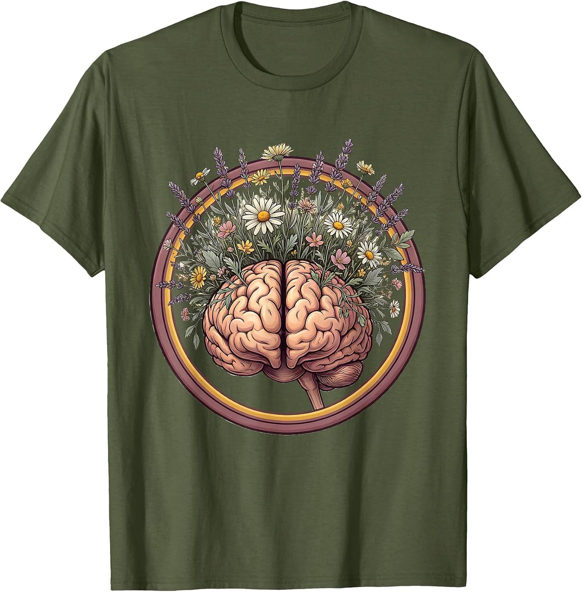 Autism Awareness Wildflower Brain Illustration T-Shirt - Olive Green