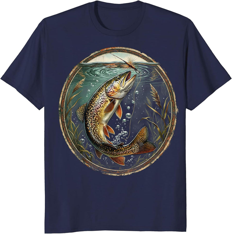 Trout Rising to Fly Fishing Underwater Art T-Shirt - Navy Blue