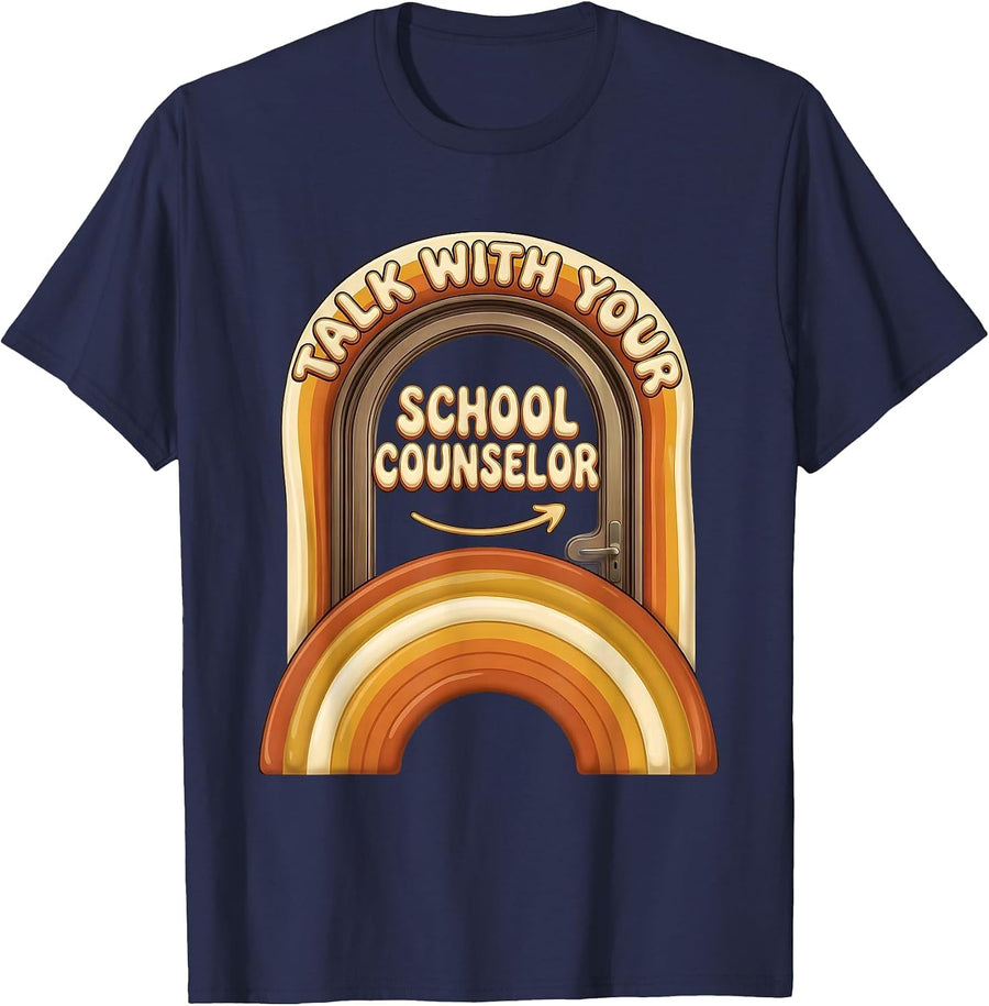 Talk With Your School Counselor Retro Groovy School T-Shirt - Navy Blue