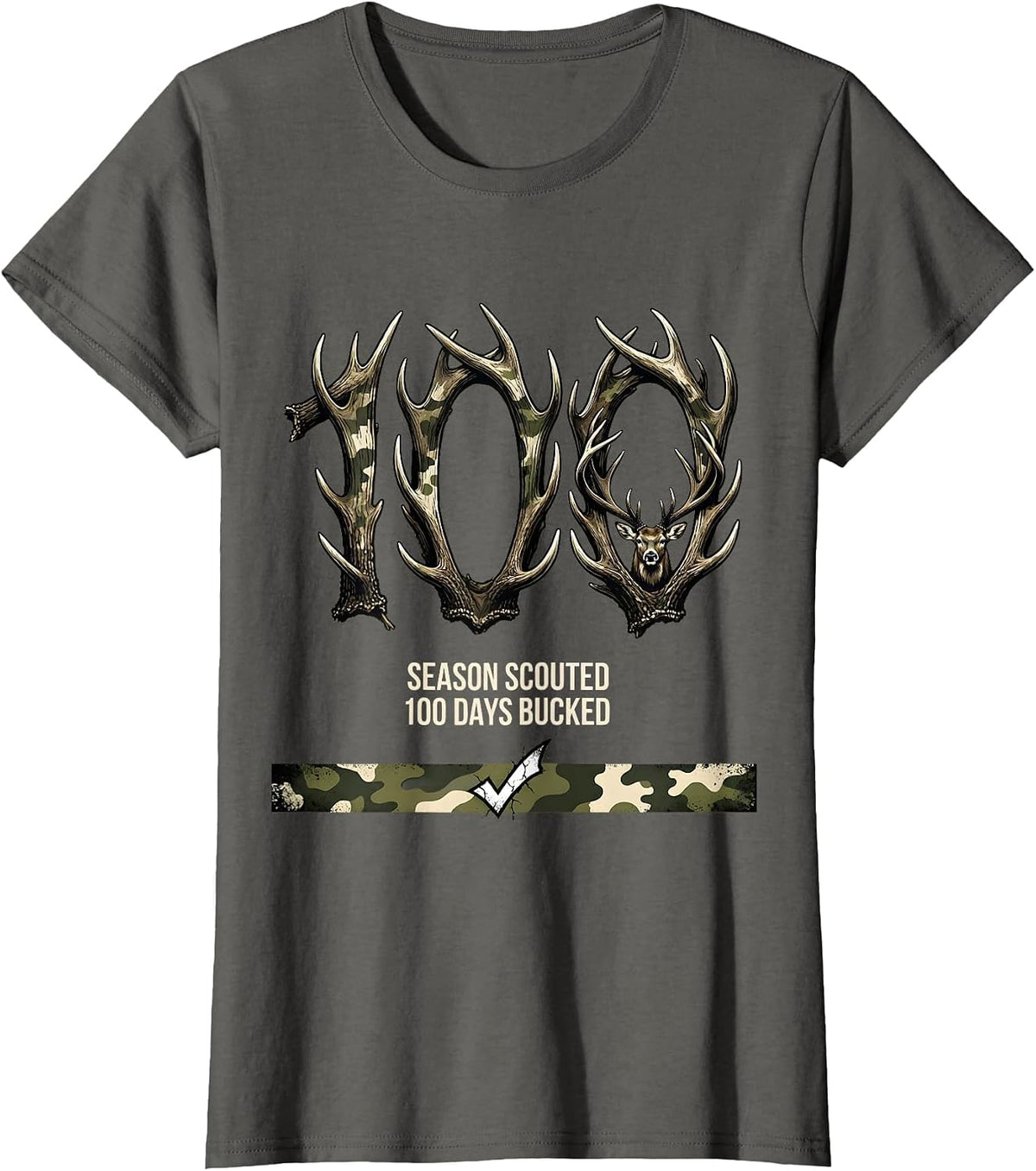 Women's Season Scouted 100 Days Bucked Deer Hunting Camo Boys 100th T-Shirt - Asphalt Grey