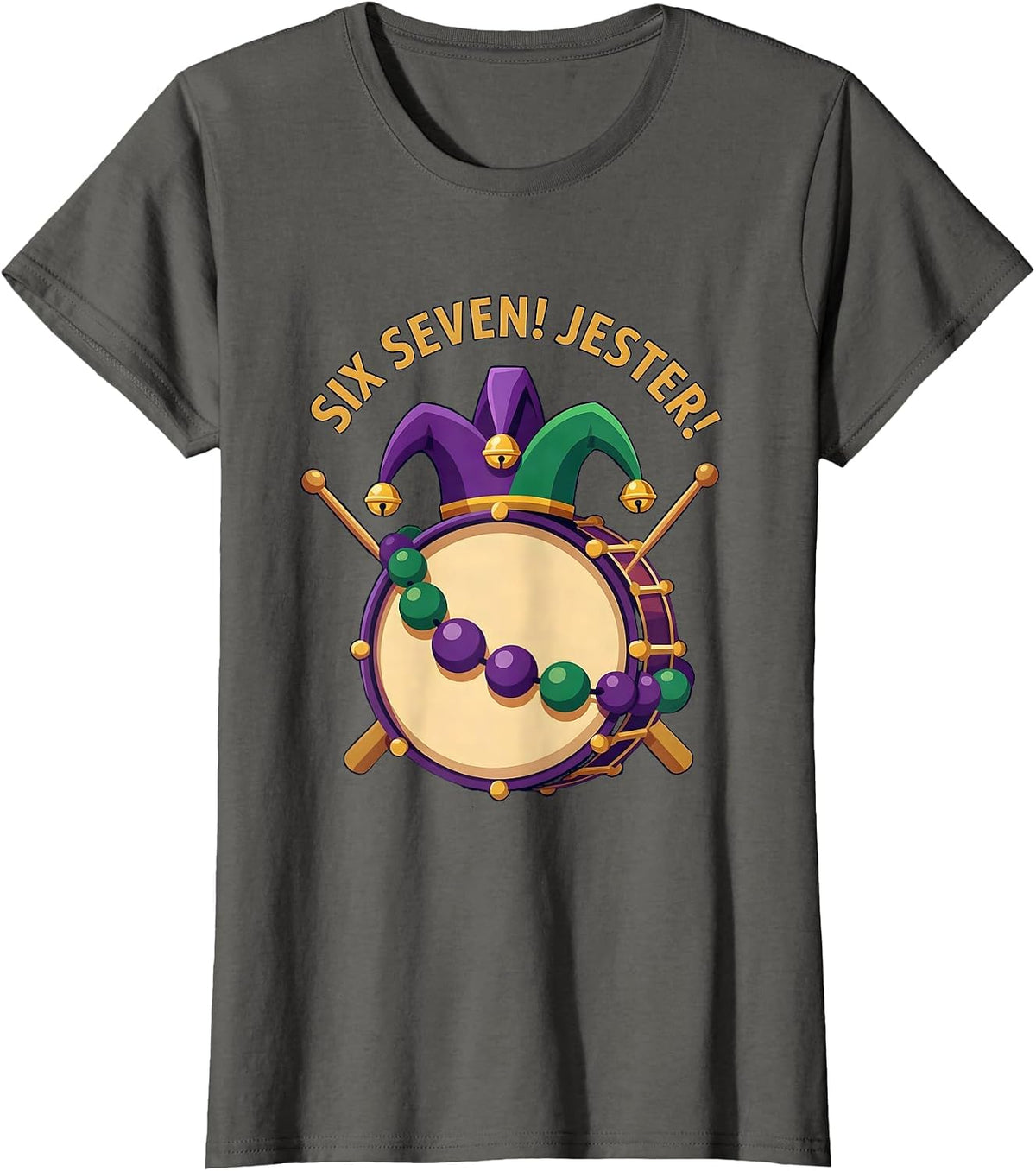 Women's Six Seven! Jester Mardi Gras Carnival Meme Kids Humor T-Shirt - Asphalt Grey