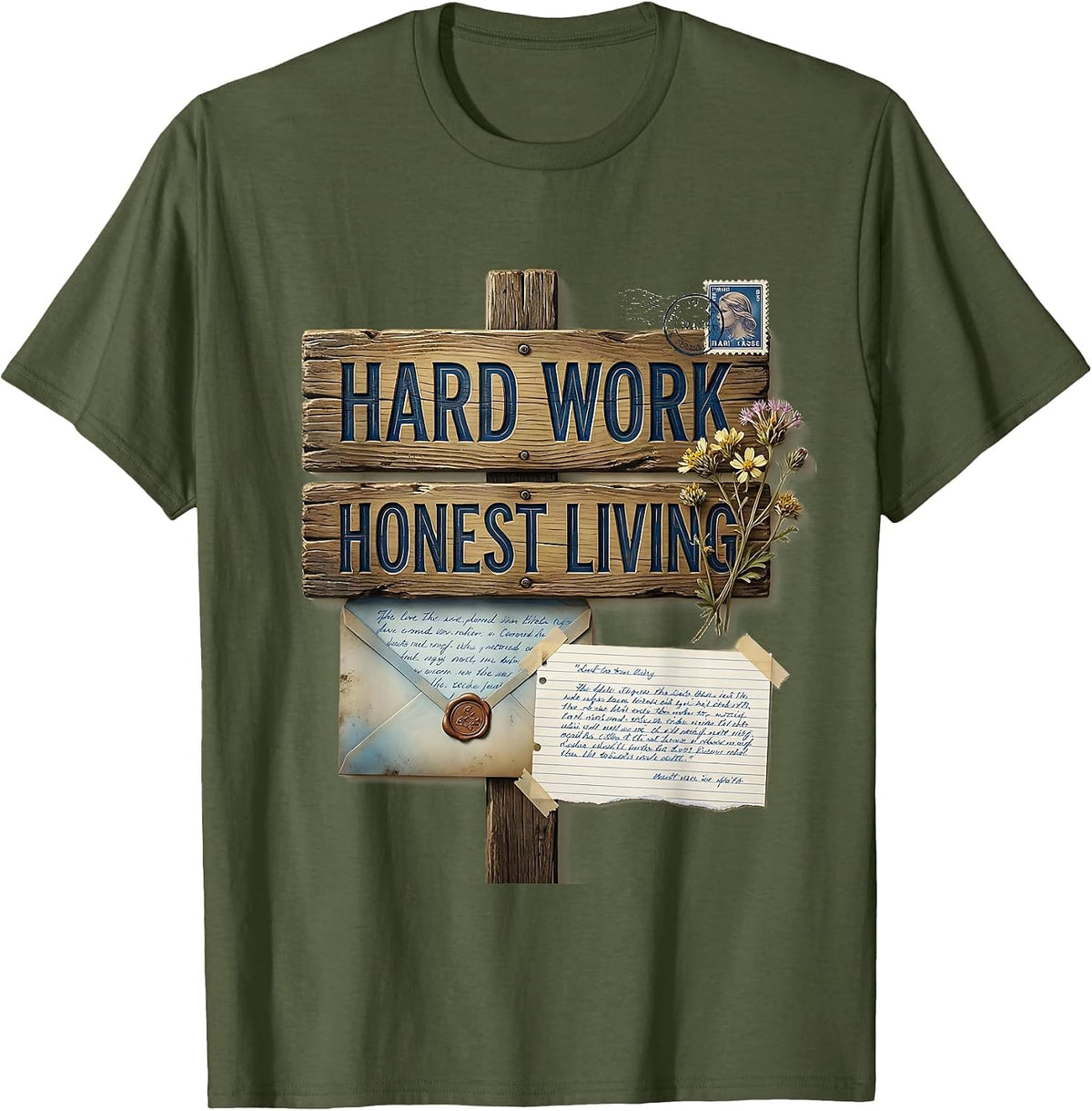 Men's Hard Work Honest Living Cowboy Design T-Shirt - Olive Green