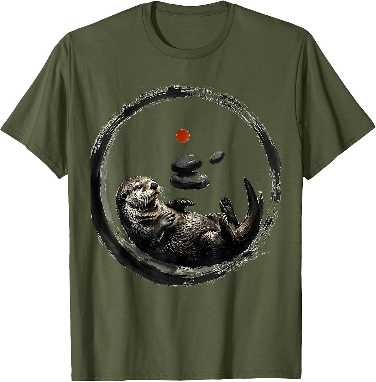 Sea Otter Juggling River Stones Graphic Tee T-Shirt - Olive Green