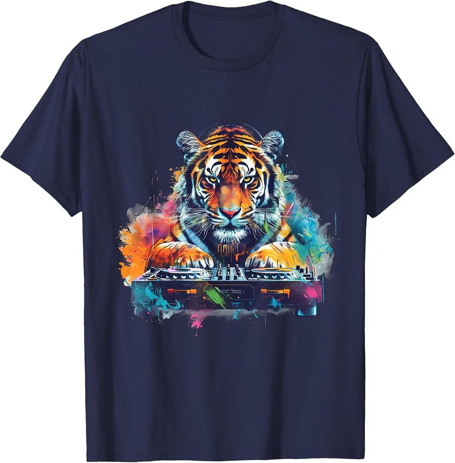 Tiger Music DJ House Dance Club Techno Turntable DJ Tiger T-Shirt - Navy Blue