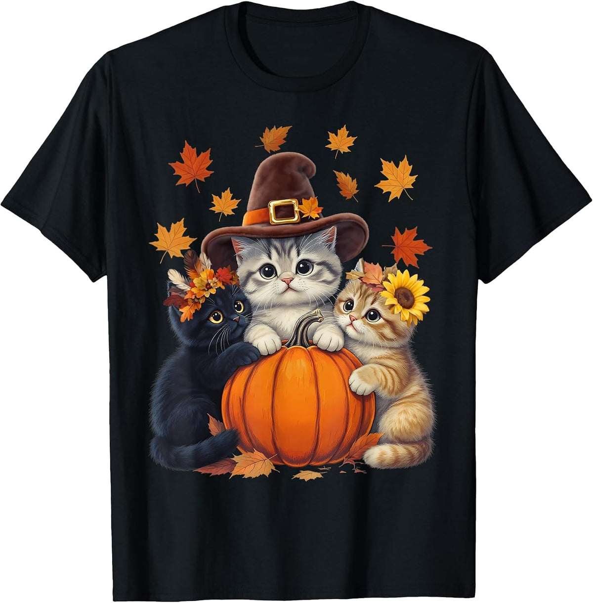 Thanksgiving Kittens and Pumpkin Cats Lover Men Women Fall T-Shirt - Black