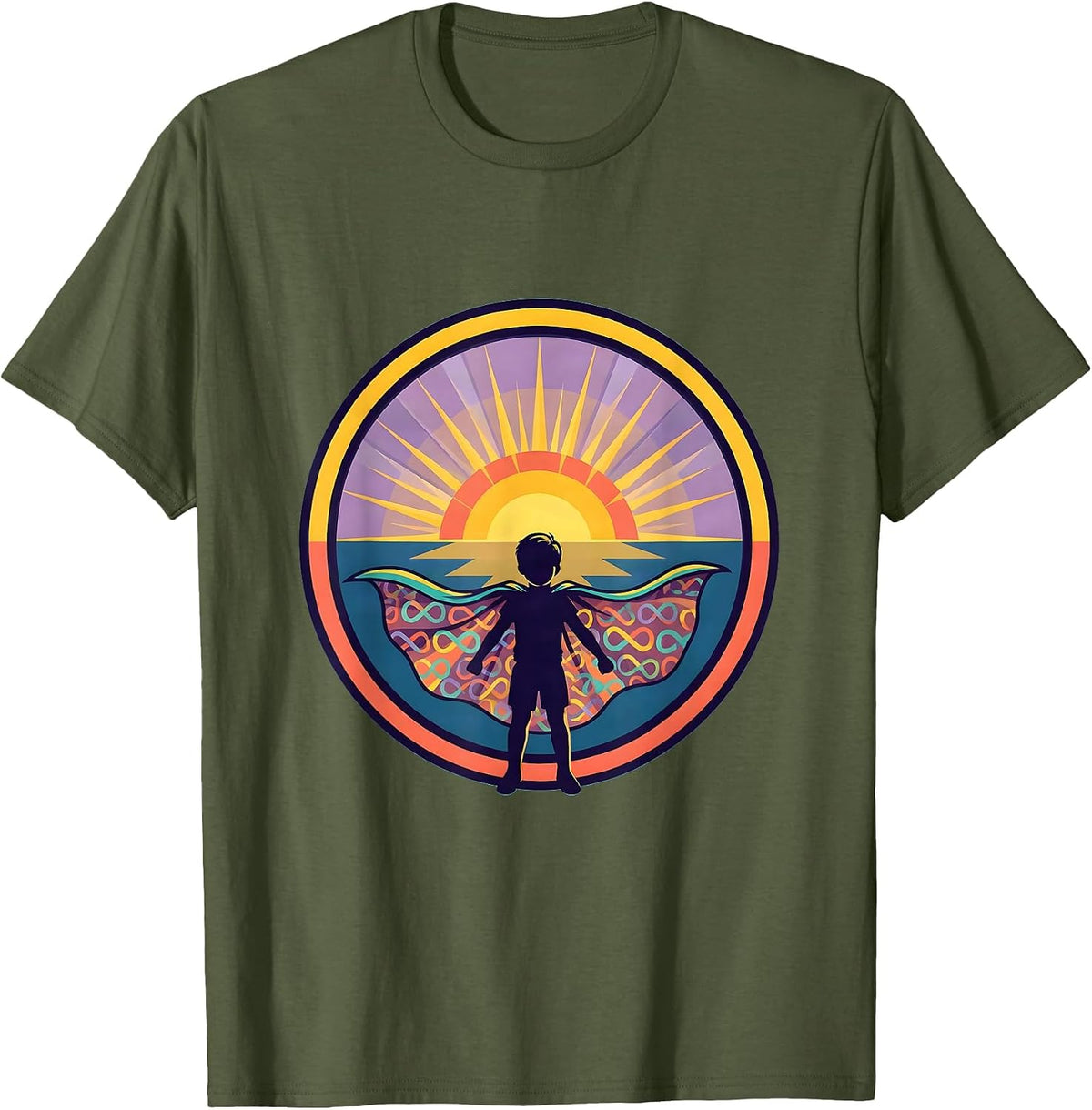 Autism Awareness Superhero Child Sunrise Graphic T-Shirt - Olive Green