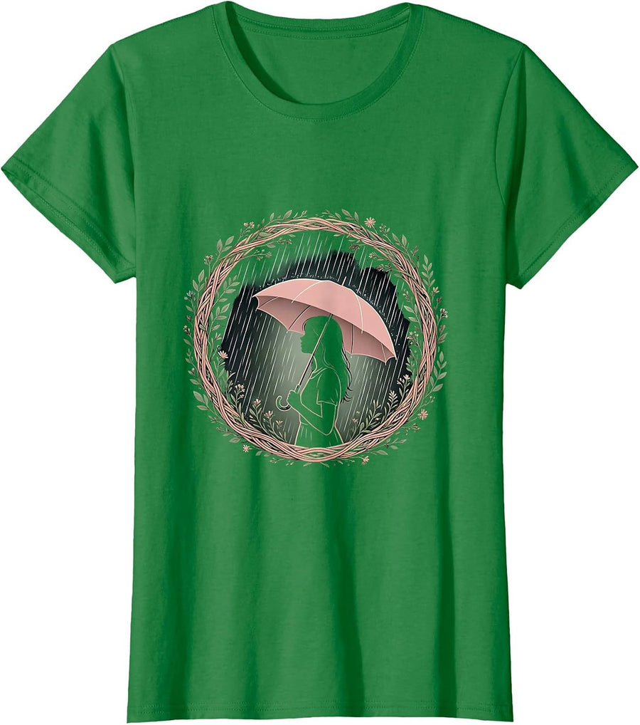 Women's Autism Awareness Girl Umbrella Rainbow Rain Art T-Shirt - Kelly Green