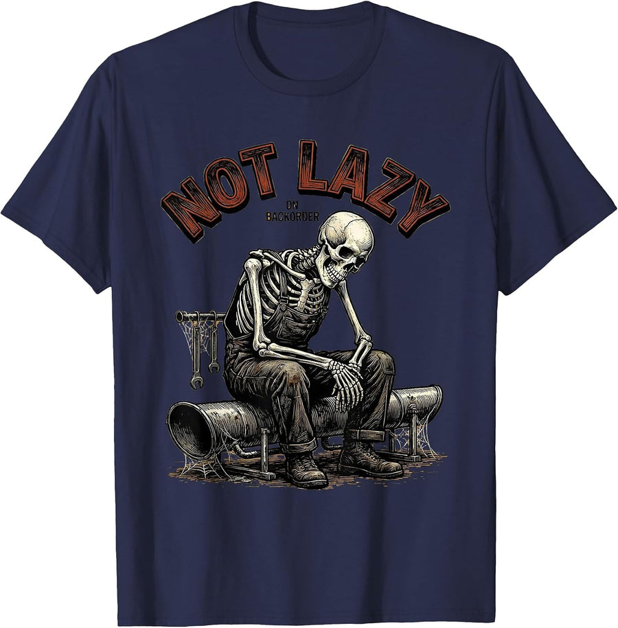 Not Lazy On Backorder Funny Mechanic Skeleton Auto Repair T-Shirt - Navy Blue
