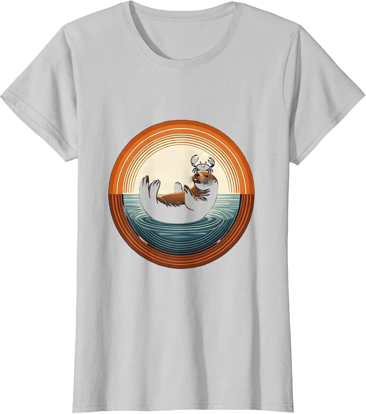 Women's Sea Otter Balancing Crab on Nose Illustration T-Shirt - Silver Grey