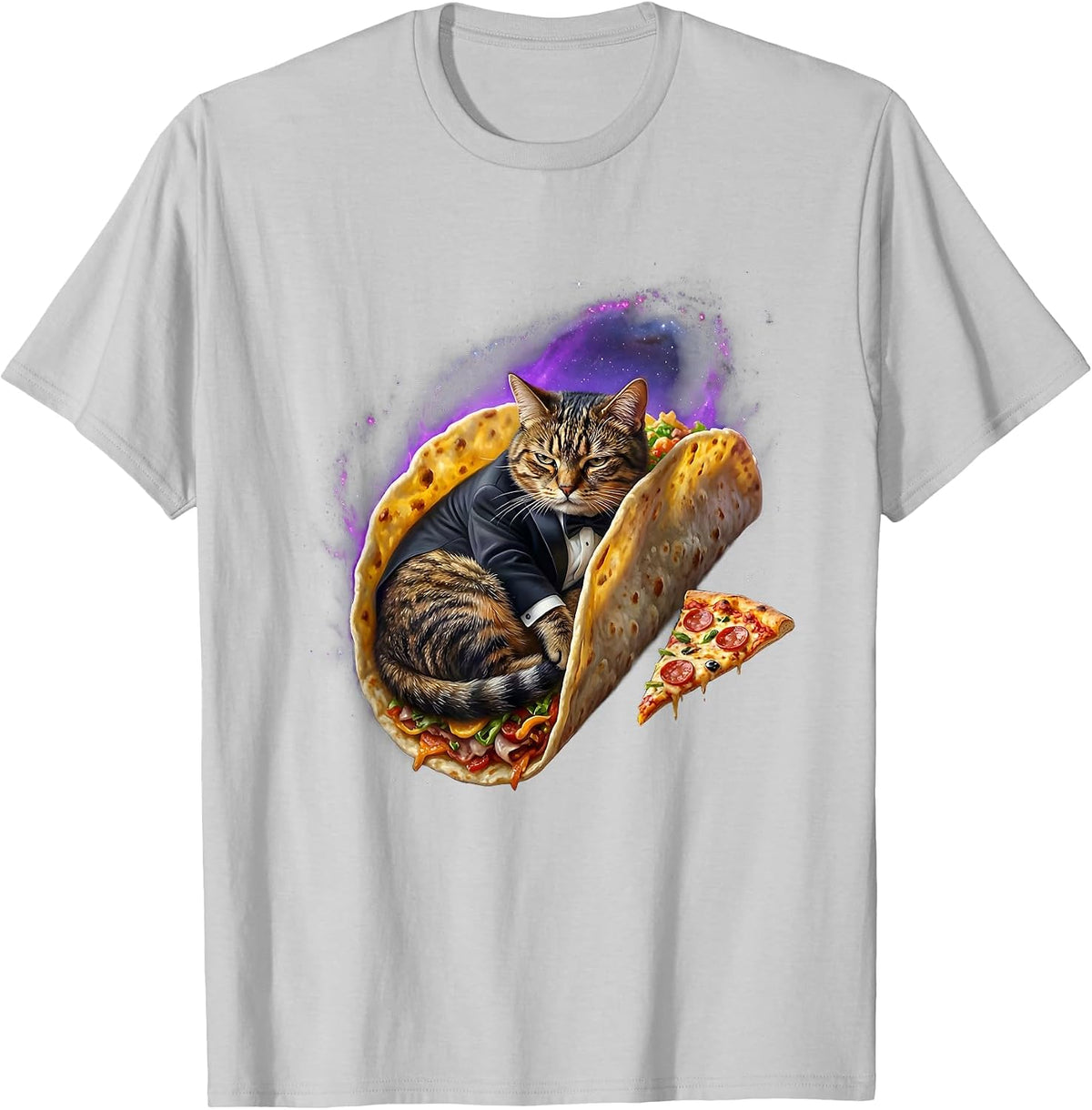 Men's Deadpan Tuxedo Cat In Space Funny Pizza Taco Meme T-Shirt - Silver Grey