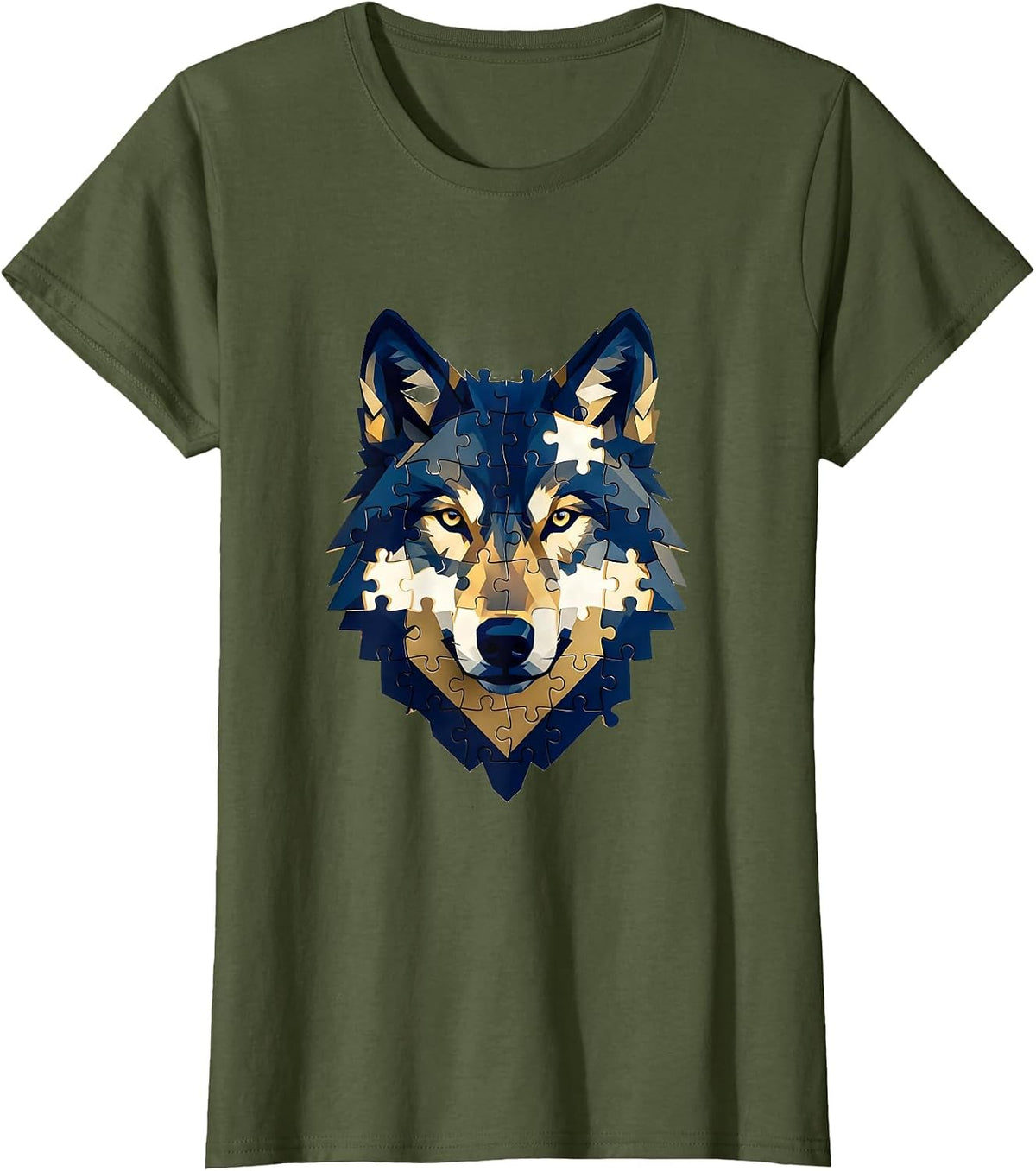 Women's Geometric Puzzle Piece Wolf Autism Awareness T-Shirt - Olive Green