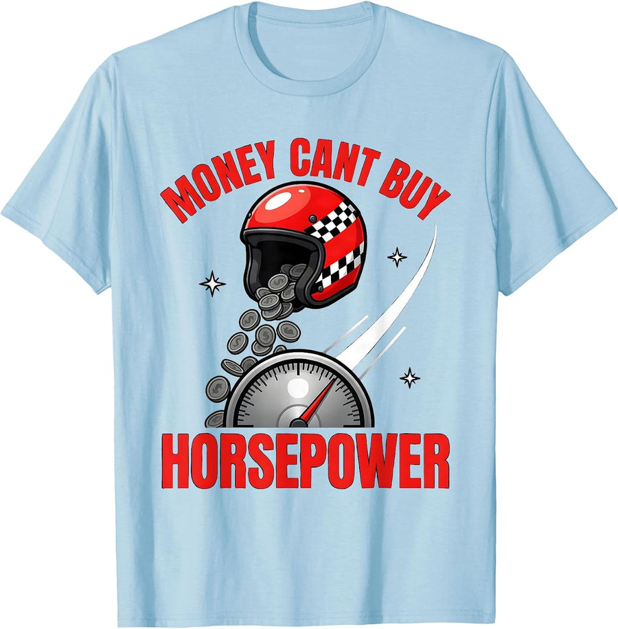 Men's MONEY CANT BUY HORSEPOWER Funny Cartoon Racing Fan T-Shirt - Baby Blue