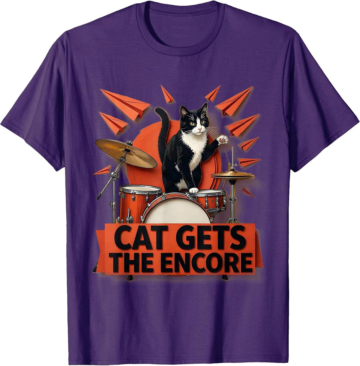 Cat Gets The Encore Funny Cat Musician Rock Band Parody Gift T-Shirt - Purple