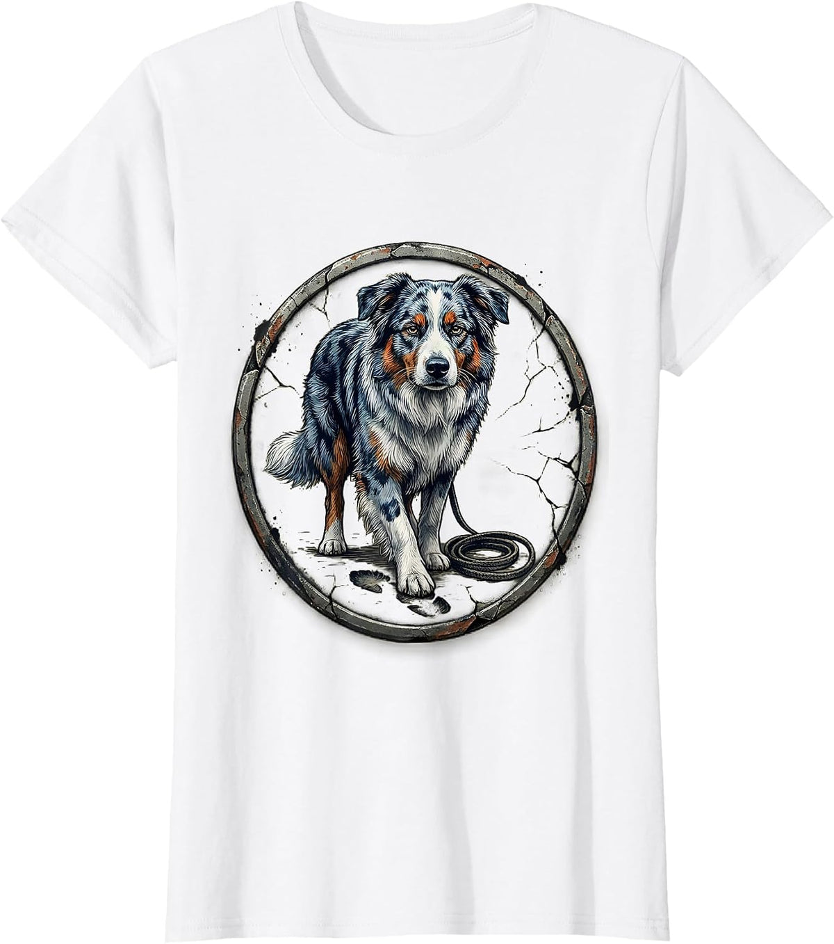 Aussie Shepherd Mini Dog Mom Distressed Badge T-Shirt - White