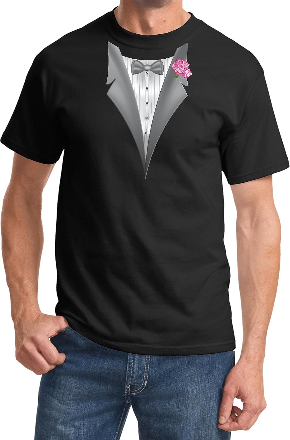 A&E Designs Black Tuxedo Tux Shirt with Pink Carnation Flower T-Shirt Tee - Black