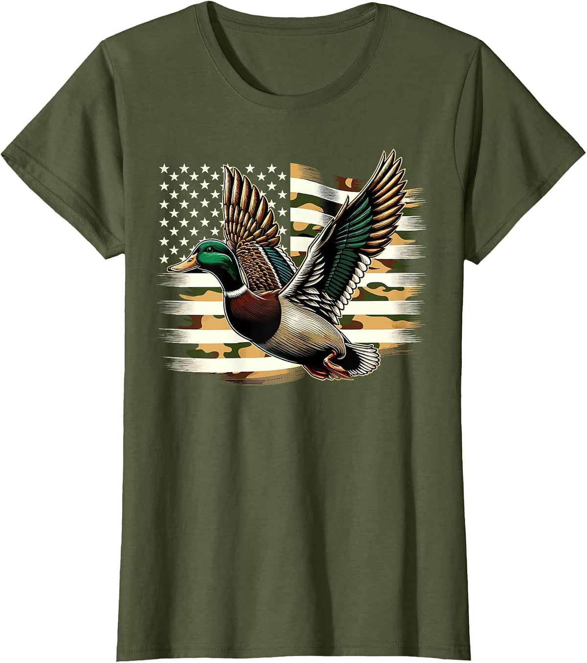 Duck Hunter Camouflage American Flag Hunting T-Shirt - Olive Green