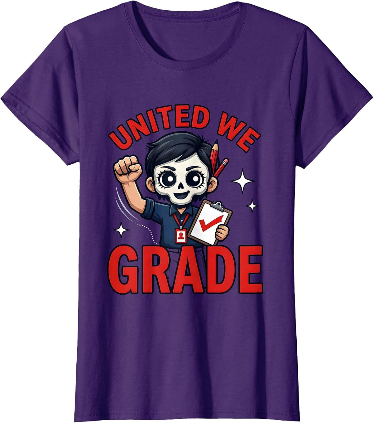 Women's UNITED WE GRADE Funny School Staff Teacher Gift T-Shirt - Purple