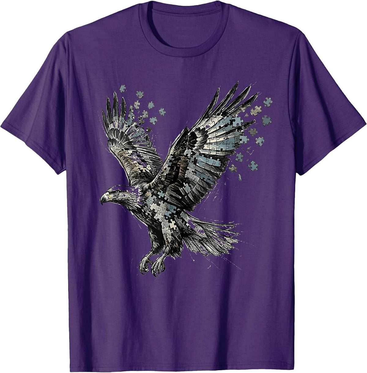 Men's Autism Awareness Puzzle Piece Soaring Bird Design T-Shirt - Purple