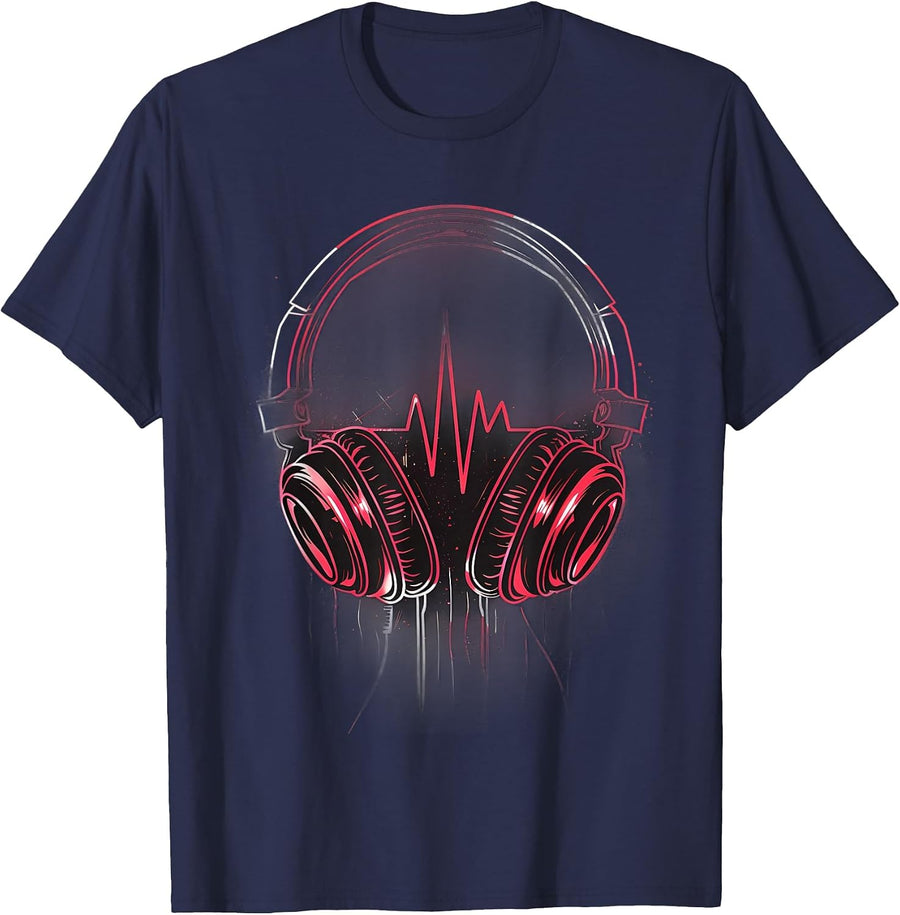 Headphones Music DJ Heartbeat EKG Pulse EDM Music Headphones T-Shirt - Navy Blue