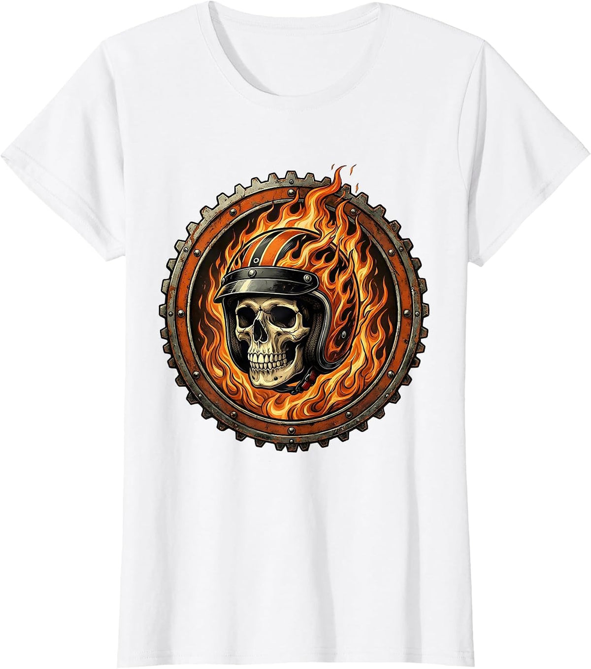 Skull Motorcycle Helmet Flames Graphic Tee T-Shirt - White