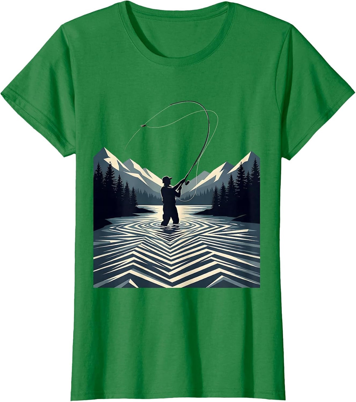 Fly Fishing Mountain River Graphic Tee T-Shirt - Kelly Green