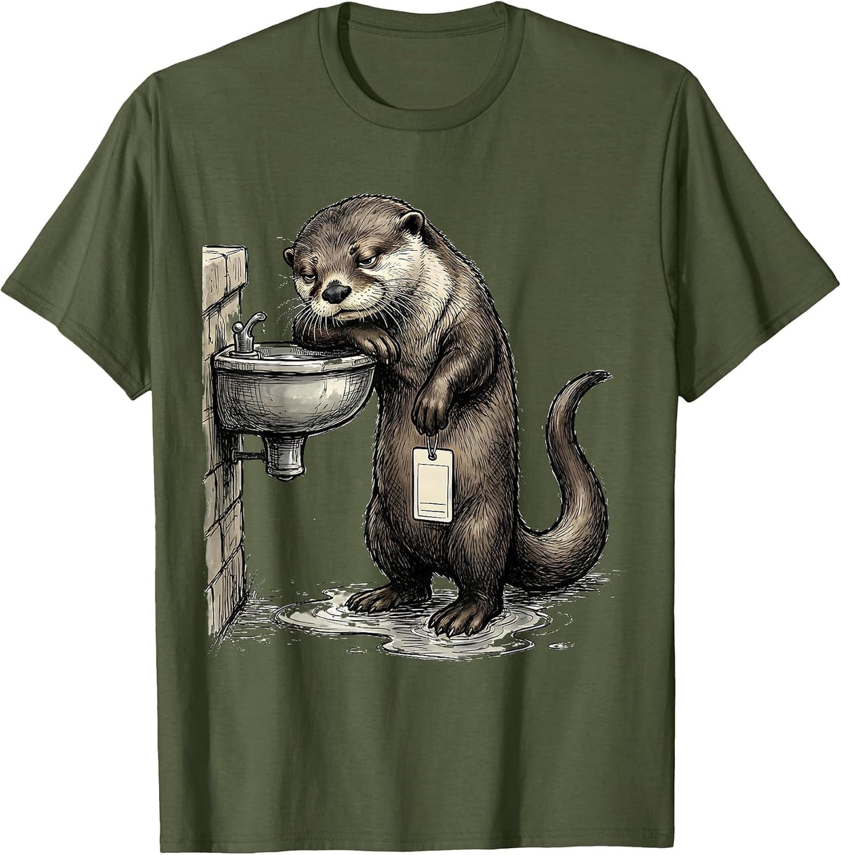 Men's Otter Drinking Fountain Funny Sea Animal Lover Humor T-Shirt - Olive Green