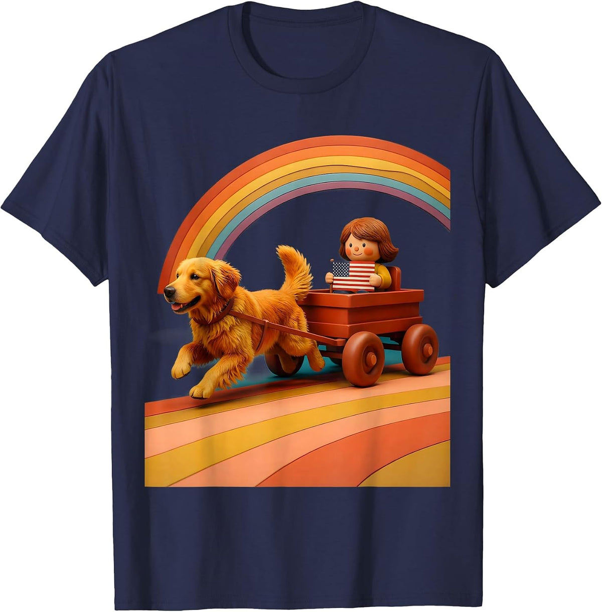 Kids American Flag Golden Retriever Wagon Graphic T-Shirt - Navy Blue
