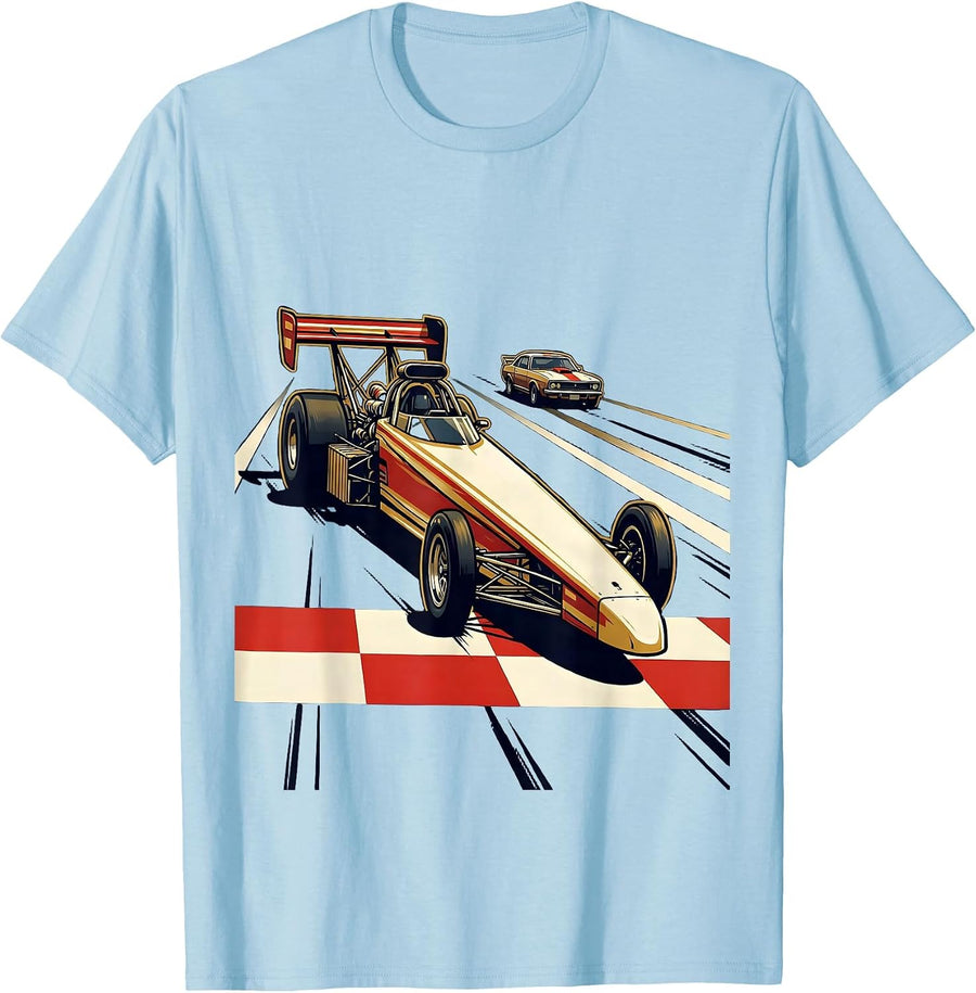 Men's Dragster Checkered Flag Vintage Motorsport Racer T-Shirt - Baby Blue