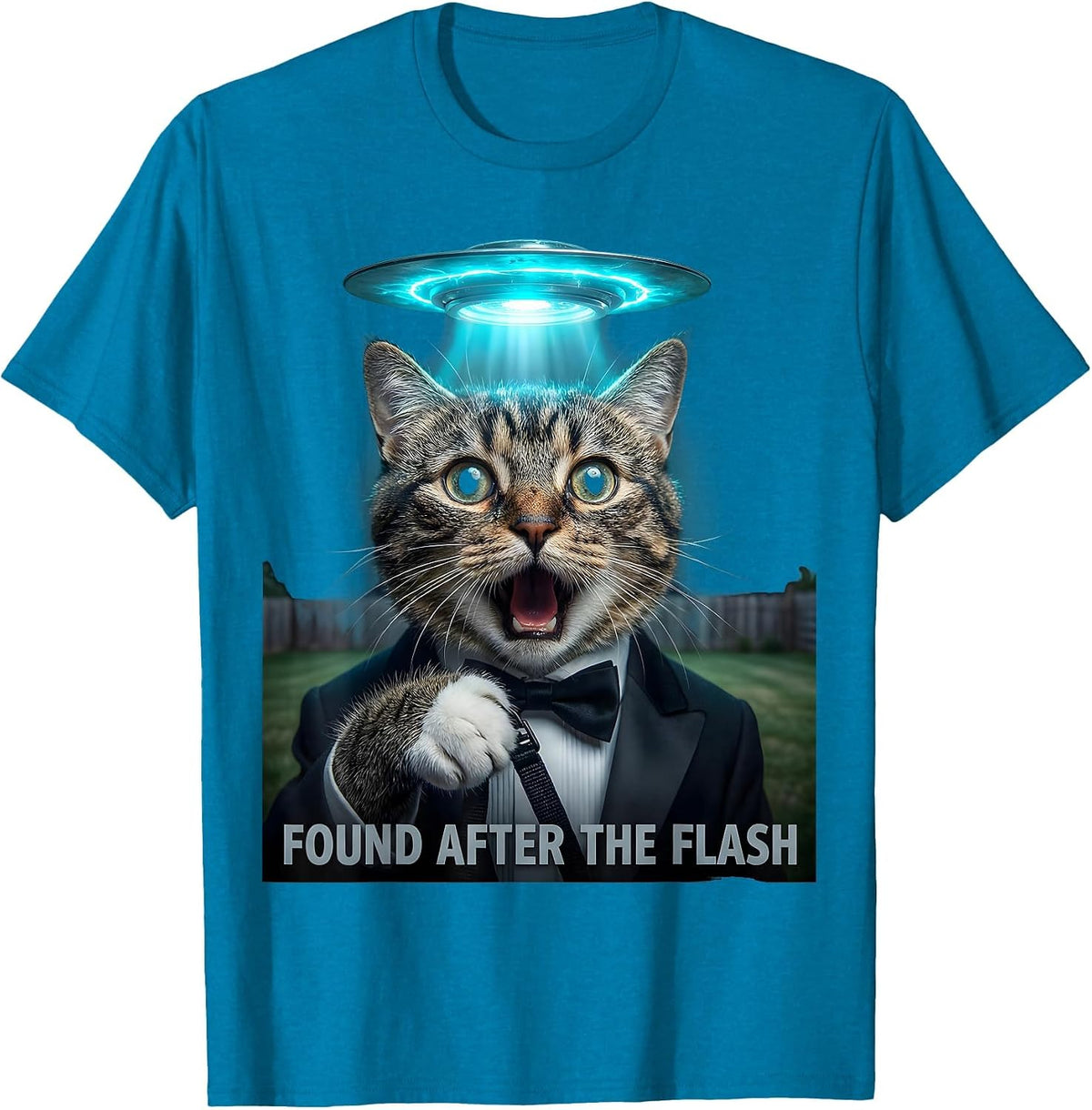 Found After The Flash Photorealistic Cat UFO Abduction T-Shirt - Sapphire Blue