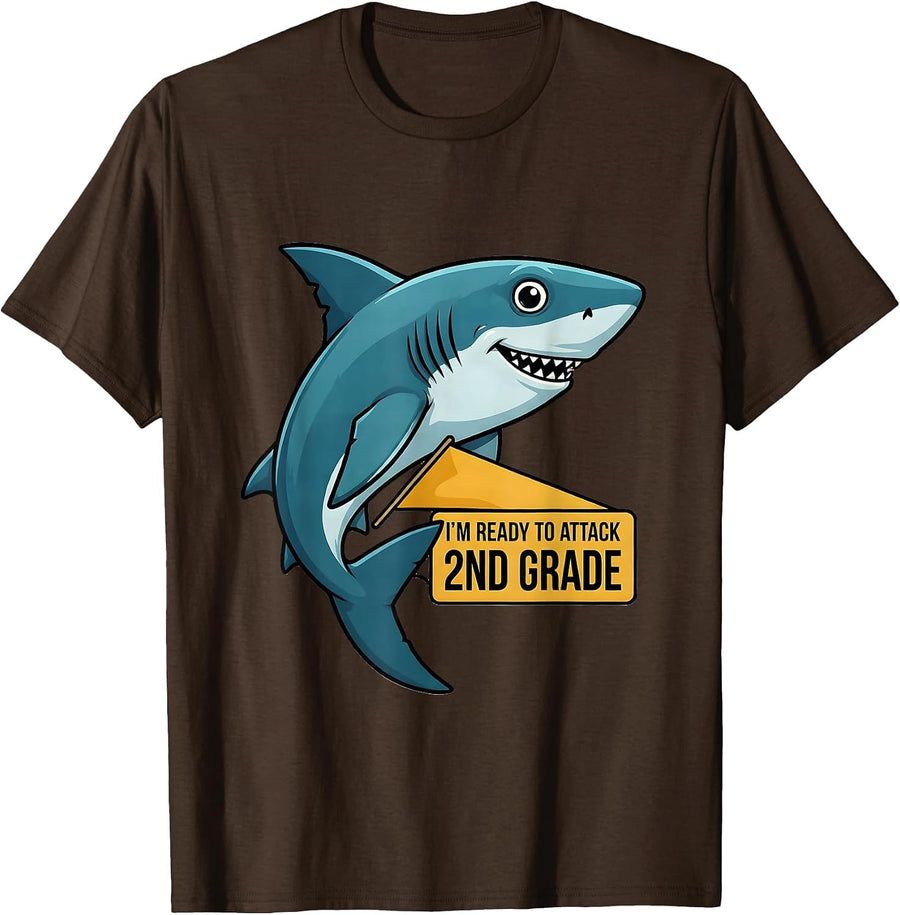 Men's I'm Ready To Attack 2nd Grade Funny Shark Back To School T-Shirt - Brown