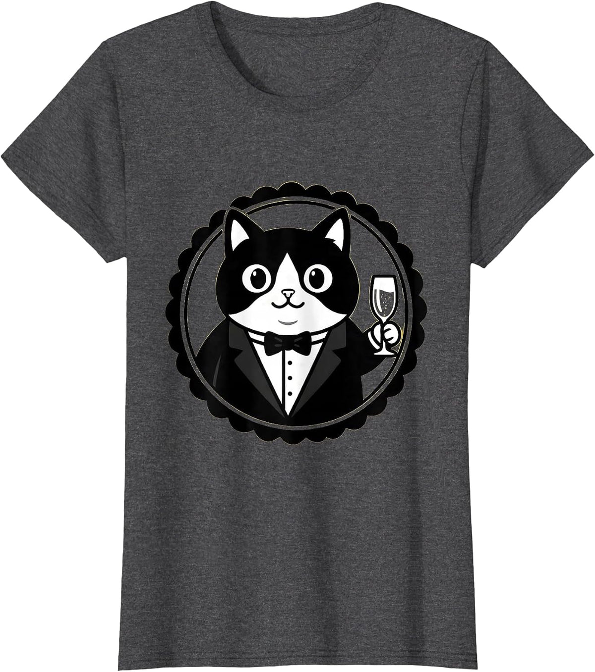 Women's Dapper Cat in Tuxedo Champagne Toast Design T-Shirt - Dark Heather Grey