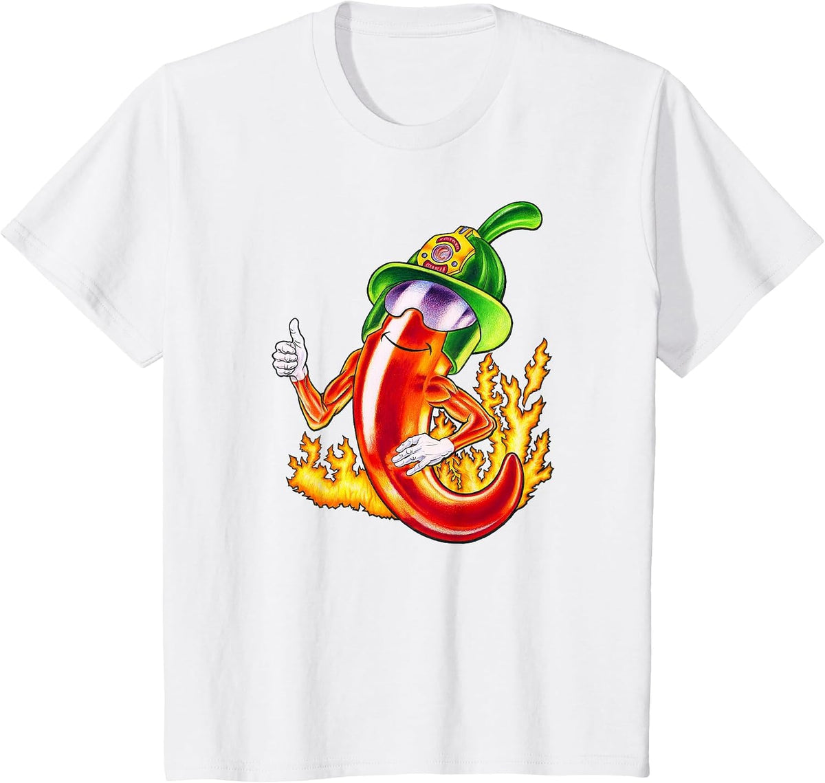 Spicy Firefighter Chili Cartoon Funny Fire Hero Drawing T-Shirt - White