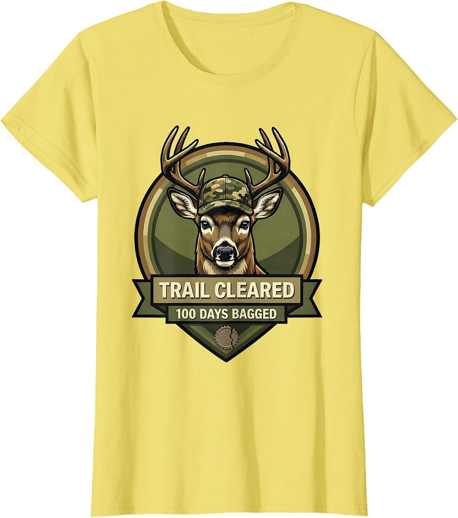 Trail Cleared: 100 Days Bagged Camo Deer Hunting Boy 100th T-Shirt - Lemon Yellow
