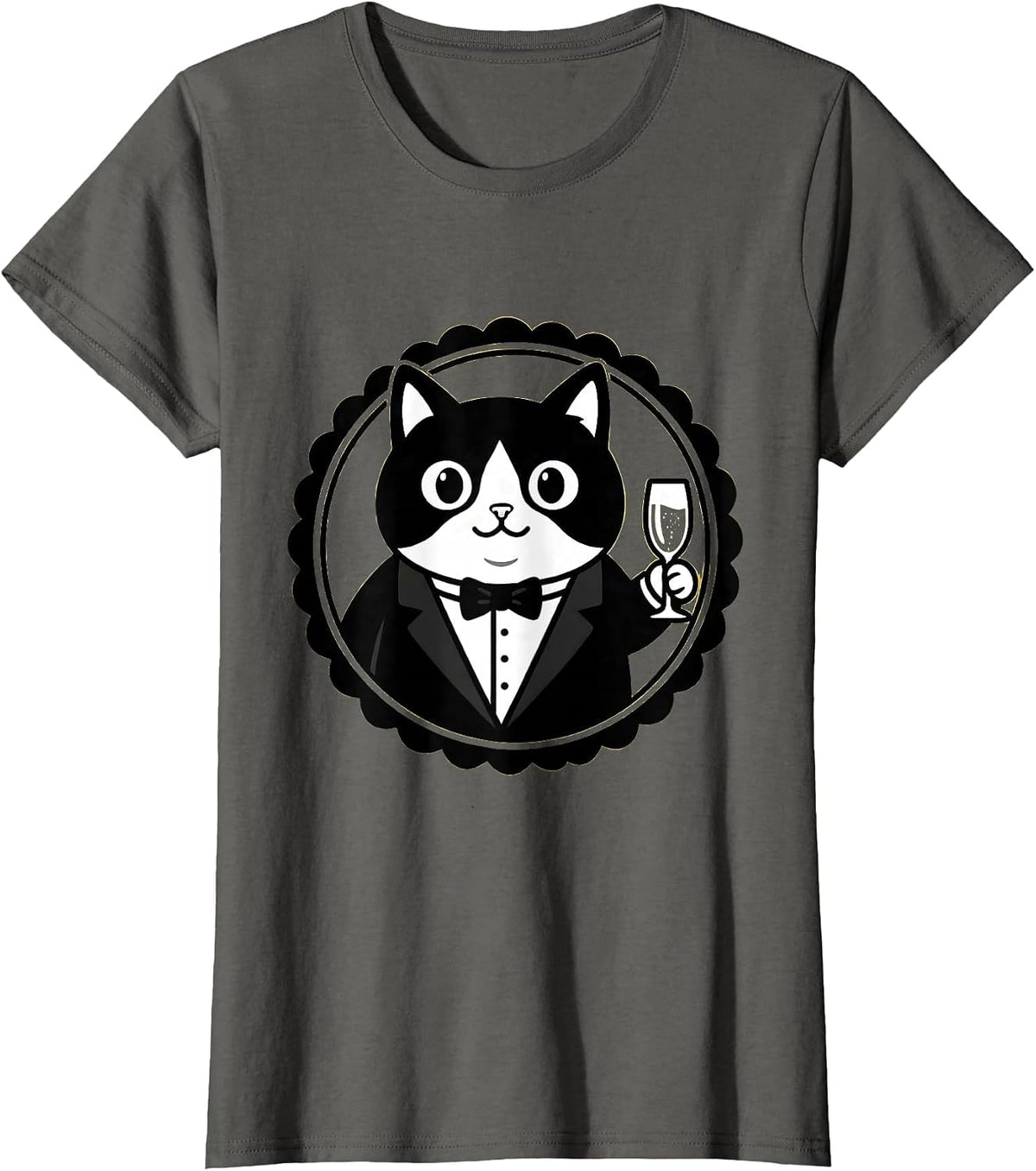 Women's Dapper Cat in Tuxedo Champagne Toast Design T-Shirt - Asphalt Grey