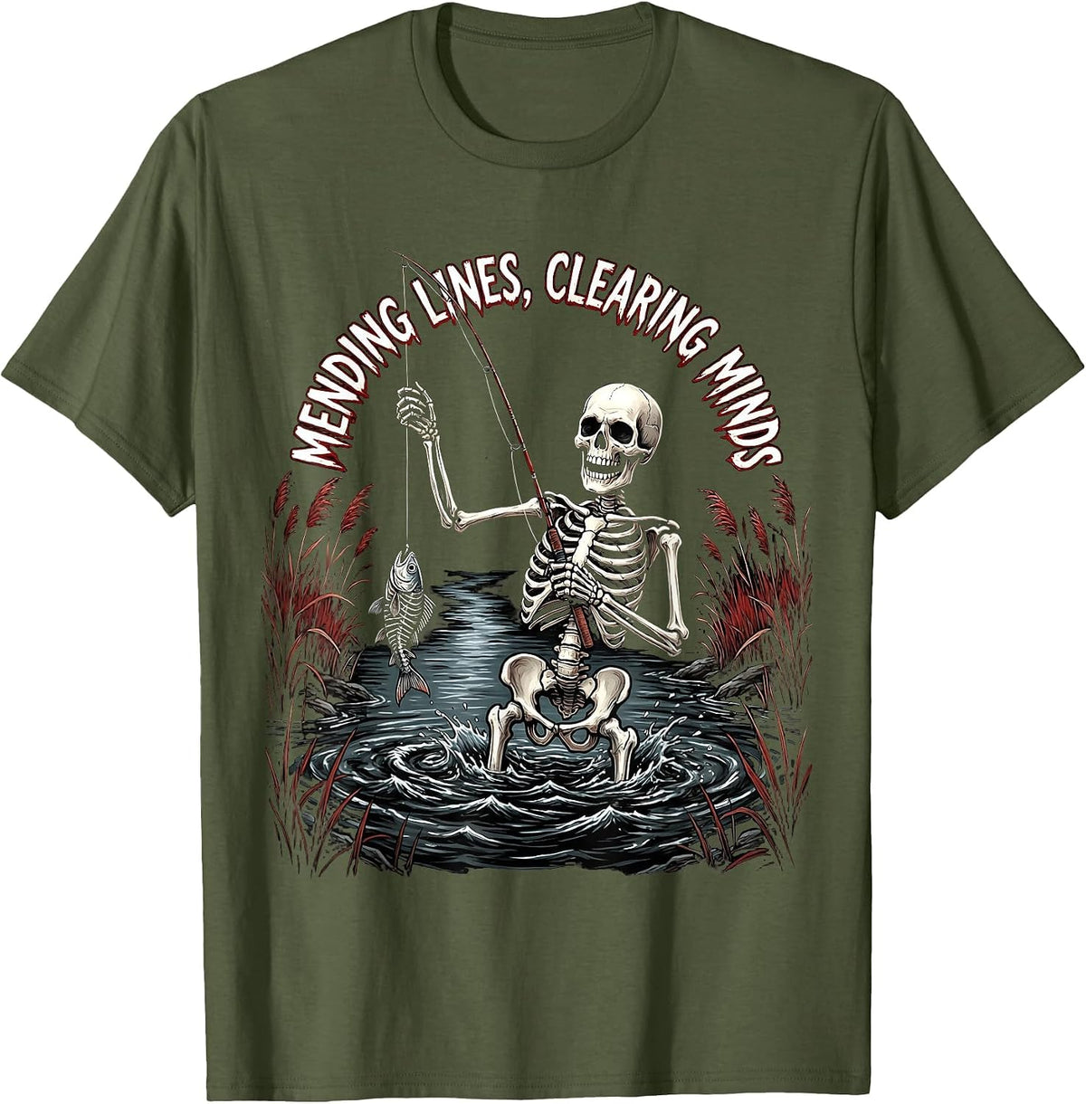 Mending Lines Clearing Minds Fly Fishing Design T-Shirt - Olive Green