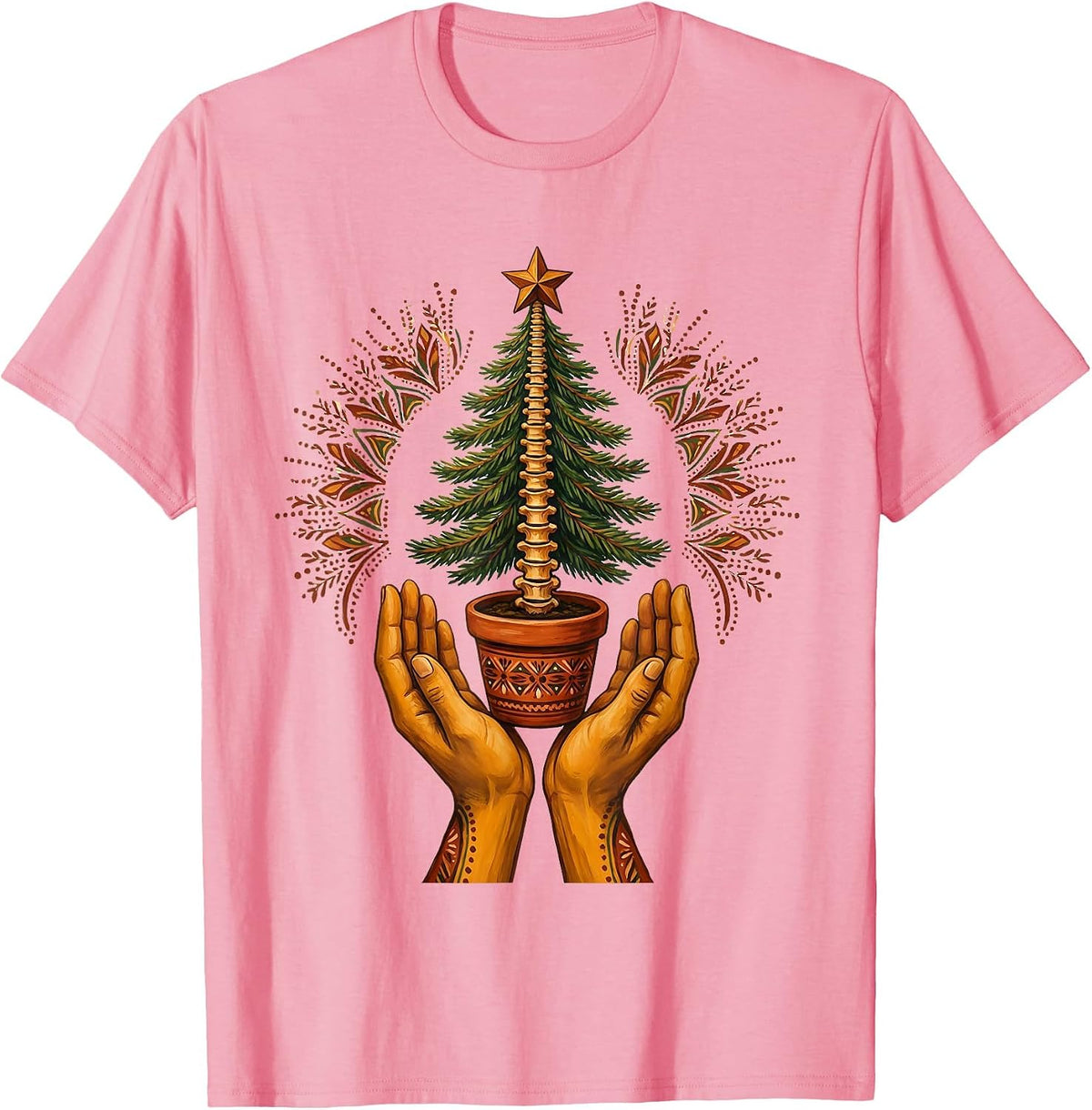 Men's Symmetrical Hands Offering Evergreen Folk Art Chiropractor T-Shirt - Pink