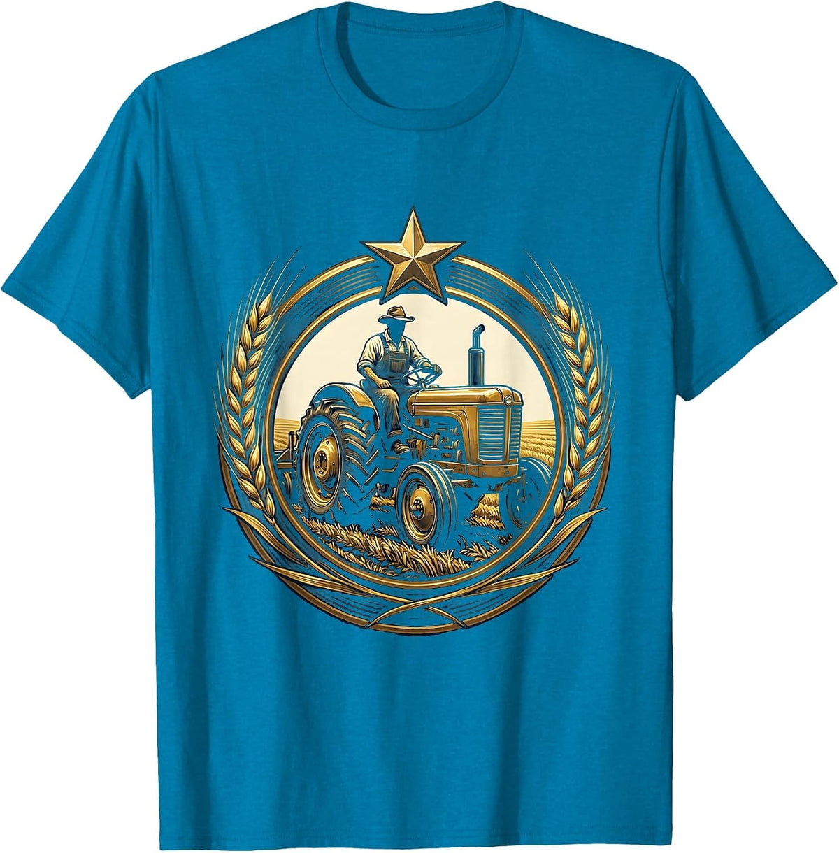 Country Man Driving Old Tractor Farmer Illustration T-Shirt - Sapphire Blue