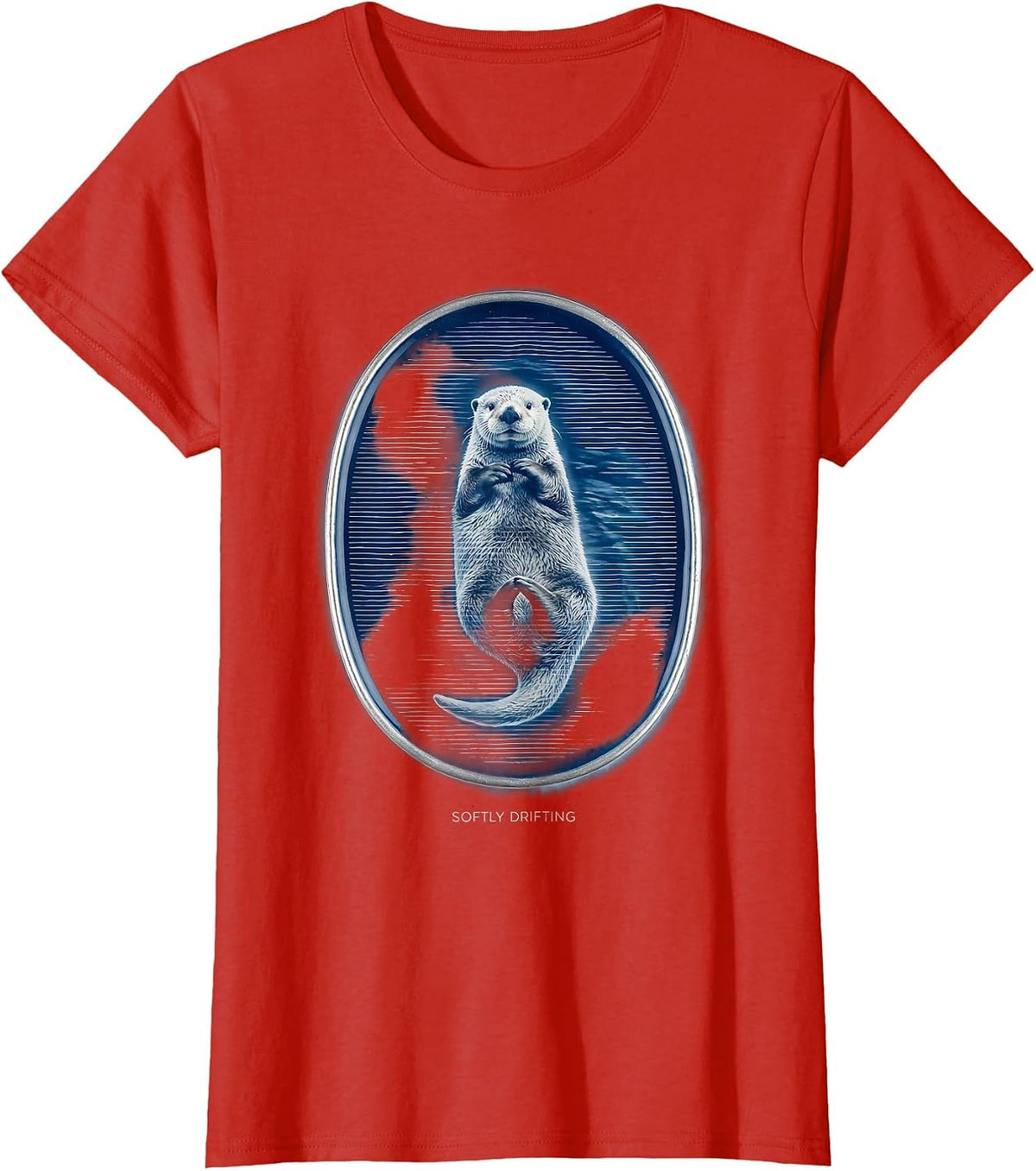 Softly Drifting Cyanotype Sea Otter Animal Lover Humor T-Shirt - Red