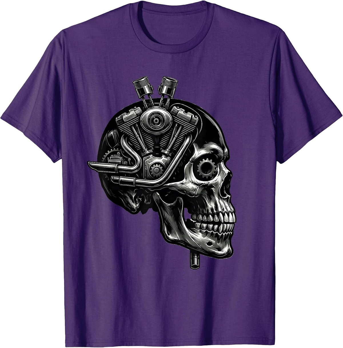 Skull Fused Vintage Motorcycle Engine Graphic T-Shirt - Purple