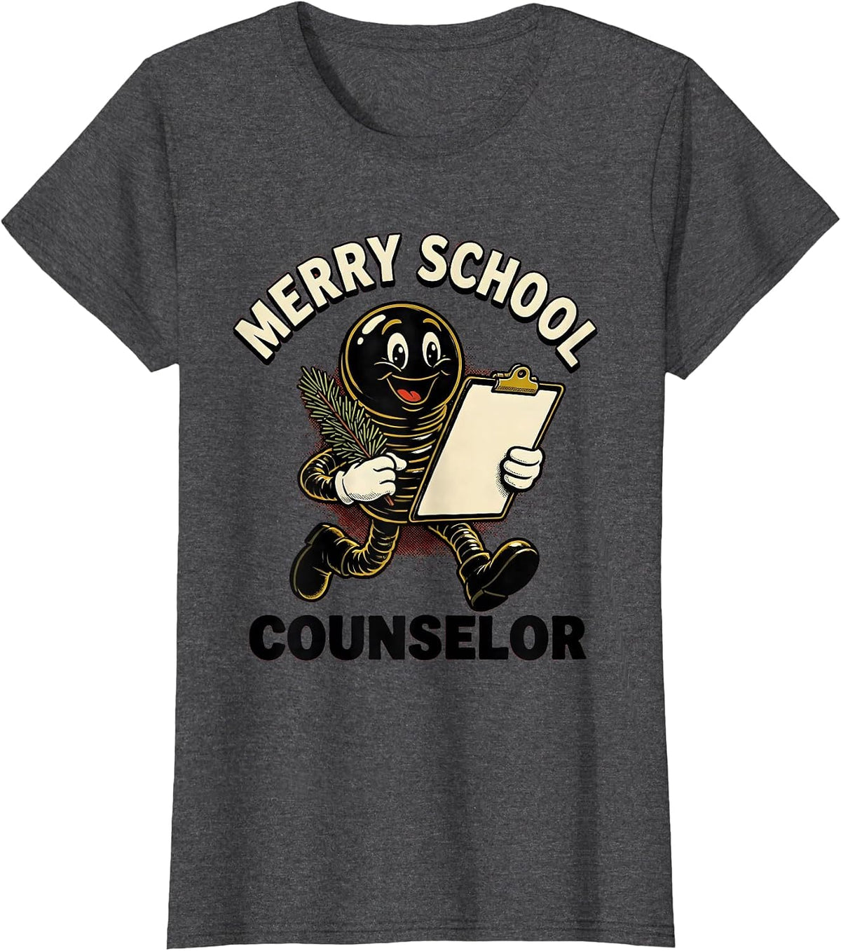 Women's Merry School Counselor Retro Cartoon Christmas Nice List T-Shirt - Dark Heather Grey