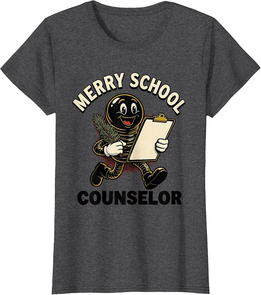 Women's Merry School Counselor Retro Cartoon Christmas Nice List T-Shirt - Dark Heather Grey
