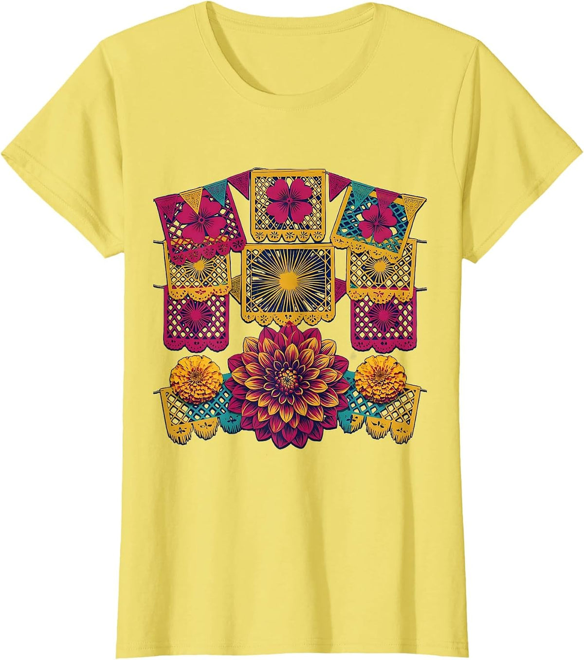 Women's Hispanic Heritage Month Papel Picado Floral Banner T-Shirt - Lemon Yellow